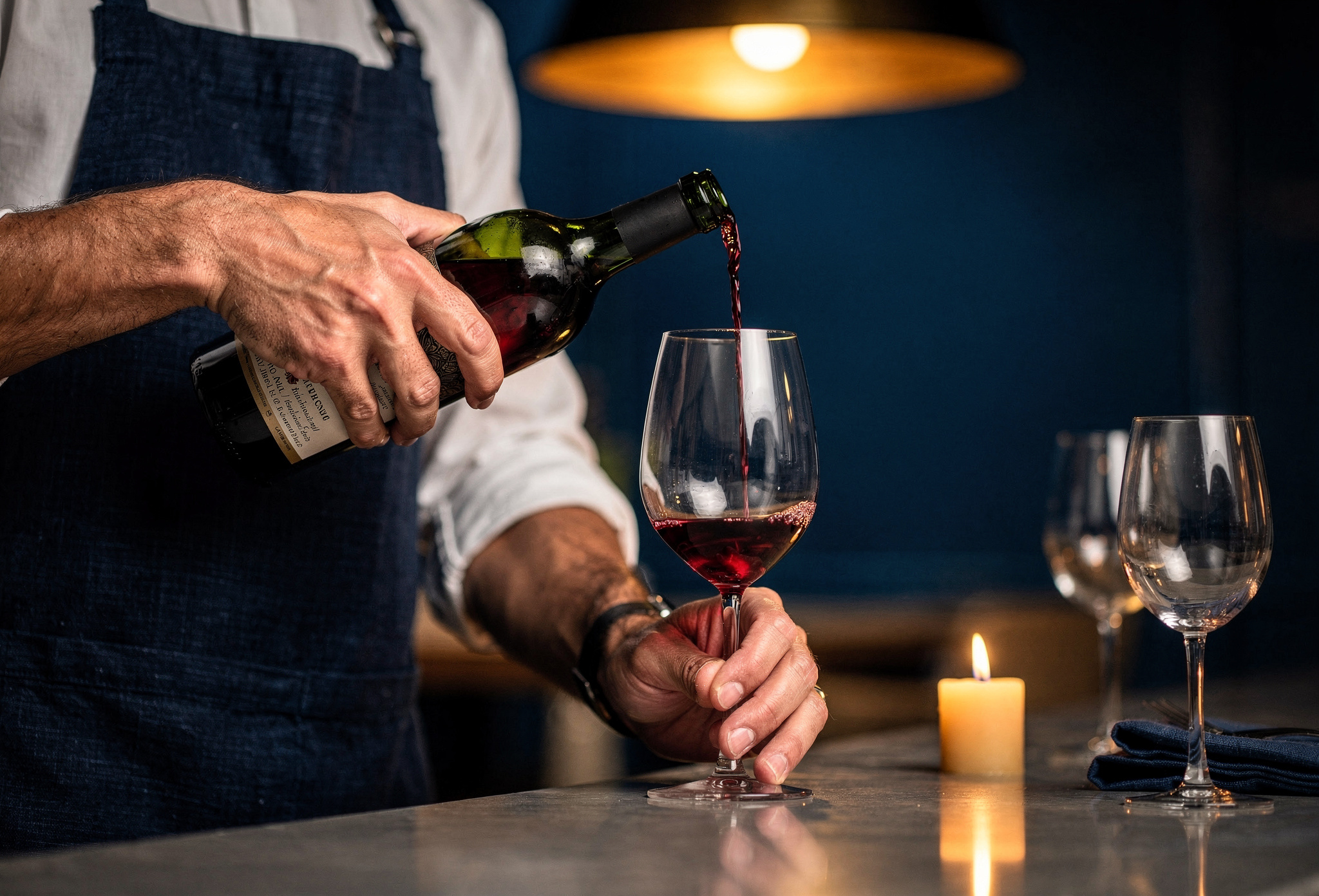 Sommelier kristal kadehe pas-toned bir şarap döküyor